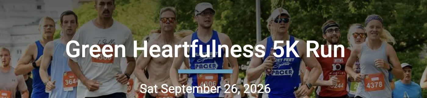 Green Heartfulness 5K Run — runners on a tree-lined course, Saturday September 26, 2026